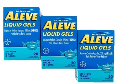 3 geles líquidos Aleve (20 ct cada uno) naproxeno sódico 220 mg analgésico tamaño de viaje Foto 1 de 4