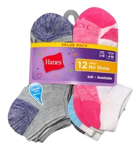 Hanes Girls Cool Comfort No Show Ankle Socks 12-Pack Soft Breathable Large 4-10 - Picture 1 of 4
