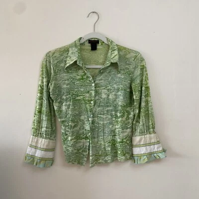 Vintage Custo Barcelona Green Print Funky Ribbon Eyelet Sleeve Button Blouse Foto 1 de 4