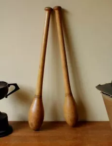 Wooden No2 Indian Clubs. Wood Ringed Exercise Meels. Antique Gym Weights c1900 - Picture 1 of 12