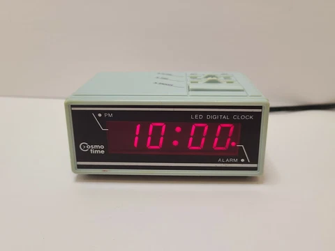 VINTAGE Cosmo Time Alarm Clock E538 Digital Aqua/Teal Red Display Tested & Works Cover