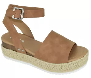 Soda Damen Keilsandale offene Zehenpartie Riemen flache Form Espadrilles Besatz hellbraun TOPIC - Bild 1 von 3
