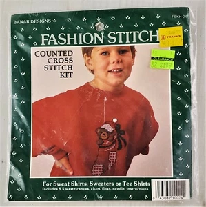 1987 Christmas Teddy Bear in Stocking Counted Cross Stitch for Clothing - Picture 1 of 4