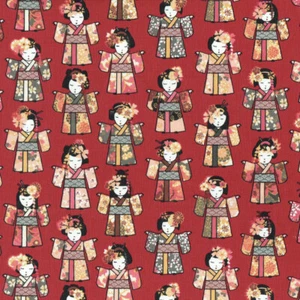 Textiles Français Geisha Tela Japonesa - Rosa, Naranja, Gris y Granate sobre Rojo - Imagen 1 de 4