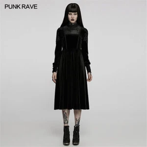 Punk Rave Women's Black Velvet Dress Vintage Lord Lace Stand Collar Long Dress - Picture 1 of 19