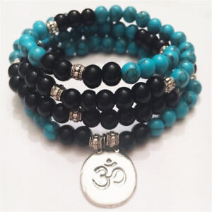 6mm Turquoise obsidian Gemstone Mala Bracelet 108 Beads Buddhism cuff Handmade