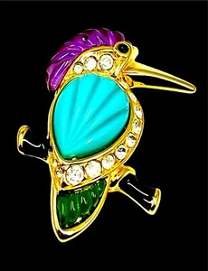SIGNED KENNETH LANE TURQUOISE AMETHYST LUCITE RHINESTONE KINGFISHER BIRD BROOCH - Picture 1 of 3