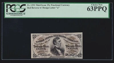 US 25c Fractional Currency Note 3rd Issue Red Back FR 1292 PCGS 63 PPQ (020) - Image 1 of 2