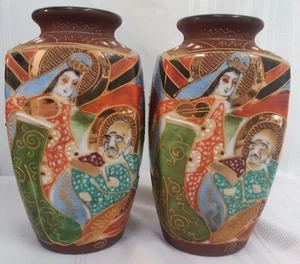 Pair Japanese Moriage Vases Man & Woman Colorful Dragonware  H6" Immortals - Picture 1 of 12