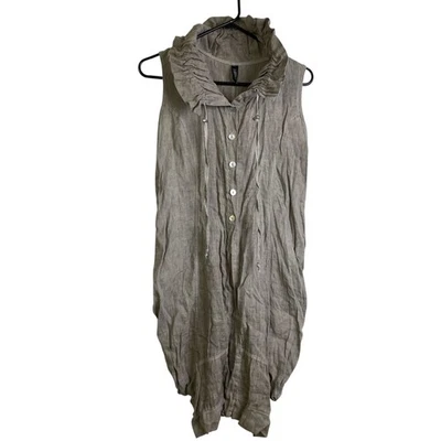 Inizio Vest Jacket Womens Large Taupe Linen Button Up Ruffle Tie Neck Lagenlook - Image 1 of 4