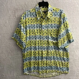 Casa Moda Mens Hawaiian Shirt Blue Green Geometric Medium Rayon VTG Collar - Picture 1 of 7