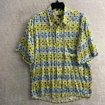 Casa Moda Mens Hawaiian Shirt Blue Green Geometric Medium Rayon VTG Collar - Image 1 of 4