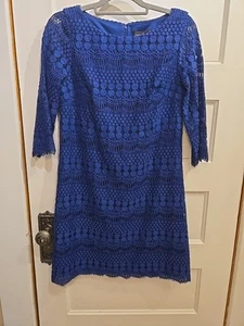Jessica Howard Illusion Sleeve Blue Dress Size 6 Crochet Lace Shift - Picture 1 of 6