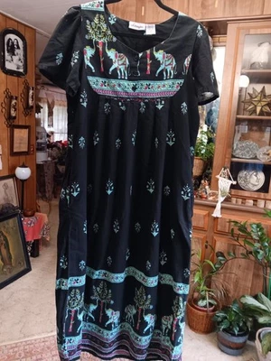 Vintage Loungees Algodón Maxi Casa Salón Playa Vestido Batik Negro Hippie M Foto 1 de 4