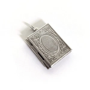 Vintage Estate Silver Tone Square Book Victorian Style Pendant Necklace Locket - Picture 1 of 4