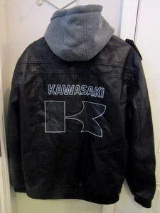 Kawasaki Motorcycle Jacket Black Leather Removable Hoodie Liner NWOT Mens XL - Picture 1 of 7