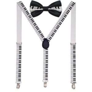 Men AB Elastic Band Black & White Piano Suspender With Maching Polyester Bowtie - Picture 1 of 2