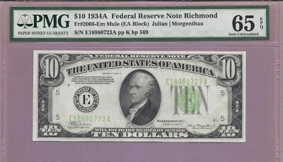 1934A $10 Federal Reserve Note Richmond FR#2006-Em PMG EPQ GEM ONLY 1 Higher - Image 1 of 2