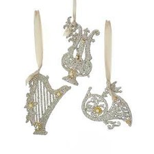 Set of 3 Vintage Glamour Platinum Glass Glitter Musical Instrument Ornaments w