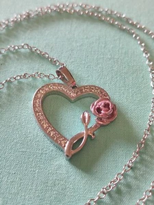 Rhodium Plate CZ Heart With Pink Rose Necklace 20" Mother's Day Christmas Gift  - Picture 1 of 7