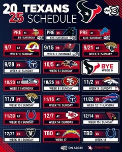 Houston Texas 2025 NFL Football Spielplan GLÄNZENDER AUFKLEBER 8" x 10" - Bild 1 von 1