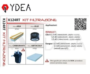 Kit Filtri Renault Clio II 1.5 dCi 48- 60 -74Kw Kangoo 1.5 - Ydea K124RT - Imagen 1 de 1