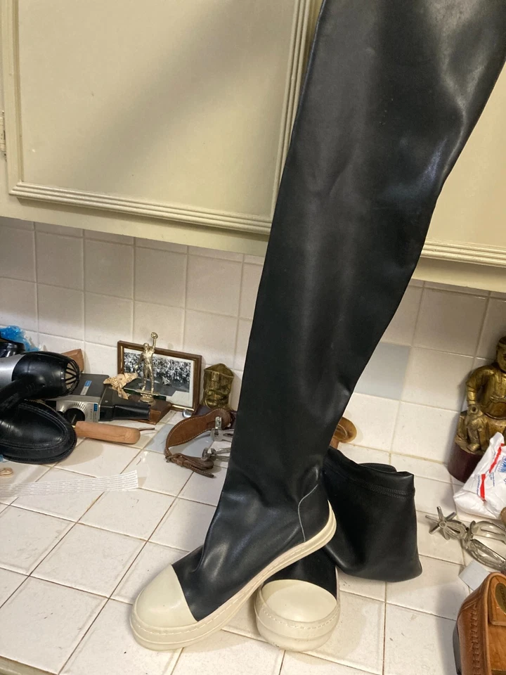 Rick Owens Stretch Lamb Leather Knee High Stocking Sneaks Black/Milk -US10-EU40 - Image 1 of 4