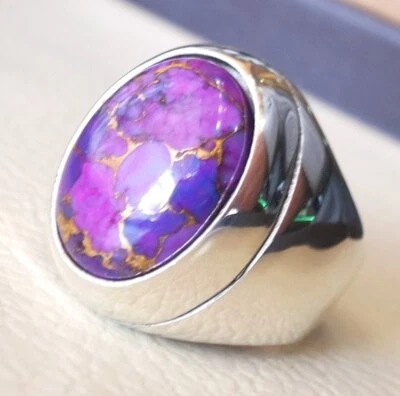 Solid 925 Sterling Silver Natural Purple Turquoise Gemstone Signet Men's Ring - Image 1 of 4