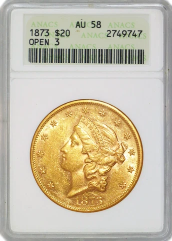 1873 Open 3 $20 Liberty Head Double Eagle Gold ANACS AU58 Old Soapbox Holder Cover