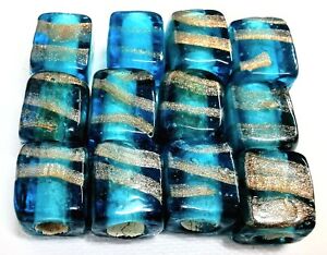 12 Handmade Lamp-work Beads - Unusual 12mm Cubes - Clear Pacific & Gild Contrast