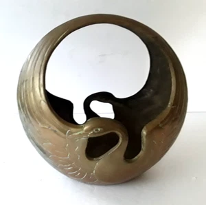 Vintage Mid Century Patina Brass Art Deco Swan Planter Basket 10"x 10" - Picture 1 of 5