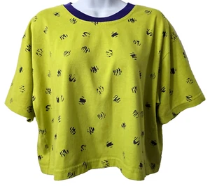 Vintage 90s Boxy Crop Tee L Shirt Crew Neck Short Sleeve Neon Green Purple Retro - Picture 1 of 9