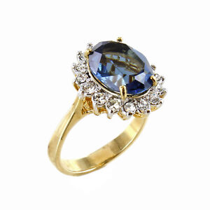 18k Gold Electroplated Simulated Blue Topaz Cubic Zirconia Lady Di Ring Size 6
