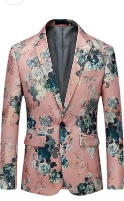 Korean Floral Print Mens Blazers One Button Suit Jackets Coats Nightclub British - Image 1 of 4