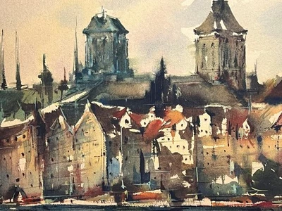 Hand Painted Landscape Coastal Landscape Europe Watercolor Painting Cityscape - Image 1 of 4