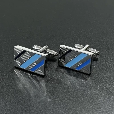 Blue Stripe Rectangular Cufflinks Men Birthday Wedding Gift Cufflink In Box - Image 1 of 4