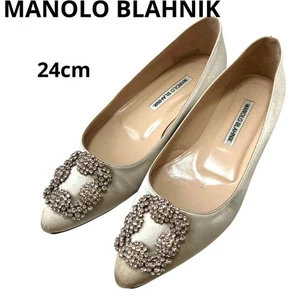 Manolo Blahnik Hangisi Flat Pumps Beige Gold Satin Jewel Buckle Shoes Size 37 - Picture 1 of 24