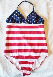 Faded Glory Red, White & Blue One Piece Halter Neck Swimsuit Big Girl XL (14-16) - Picture 1 of 5