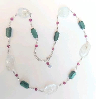 collana in argento 925 con acquamarina, smeraldi con dischi di ematite e rubini - Immagine 1 di 4