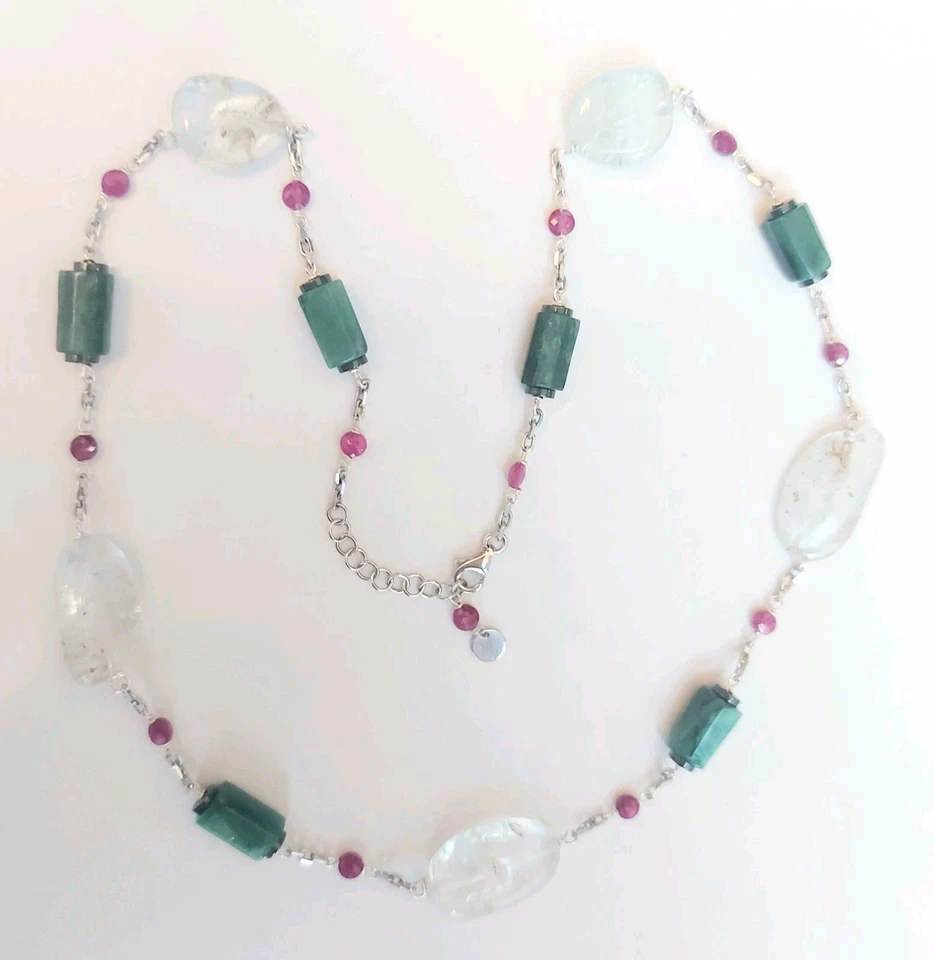 collana in argento 925 con acquamarina, smeraldi con dischi di ematite e rubini - Immagine 1 di 4
