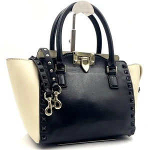 VALENTINO GARAVANI Rockstud 2Way Bag Schwarz Creme Leder Beuteltasche Schulter Crossbody - Bild 1 von 11
