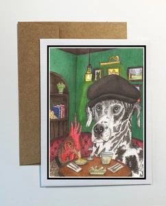 Dalmation Dog and rooster in a pub, chicken, whimsical expression, pup ,  #1049 - Picture 1 of 3