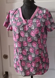 HEART SOUL SS Pink & Gray Owls V-Neck Scrub Shirt Top Blouse M - Picture 1 of 4