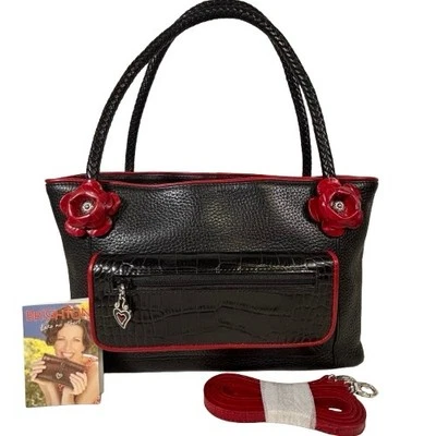 Brighton Rosie Black Red Croc Pebbled Leather Roses 2-Way Satchel Handbag Bag - Image 1 of 4