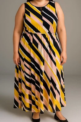 Lane Bryant Geometric Flowy Maxi Dress Pink Yellow Black Artsy Creative Sz 24 - Image 1 of 4