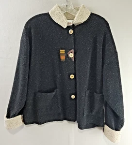 Vintage Odile Black Wool-Like Jacket w/Whimsical Buttons & Striped Patch - Picture 1 of 10