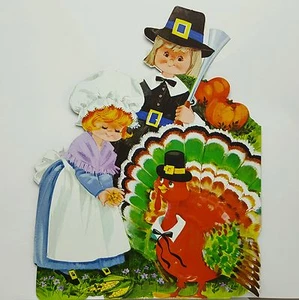 Vintage Children Pilgrim Cardboard Diecut Wall Decoration Thanksgiving Eureka - Picture 1 of 5