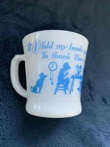 Fire King Gebet Kaffeetasse weiß mit blau Vintage EUC täglich Brot Milchglas - Bild 1 von 7
