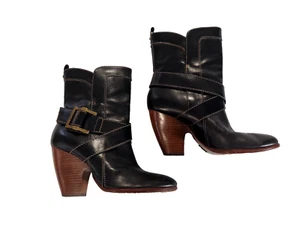 Frye Andrea Mid Black Leather Buckle Boots, Size 7M - Picture 1 of 18