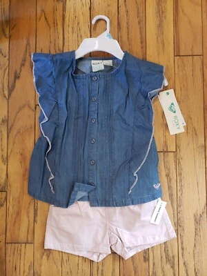 Roxy Girl 2 Piece Denim Tunic Top Pink Short Set - Image 1 of 4